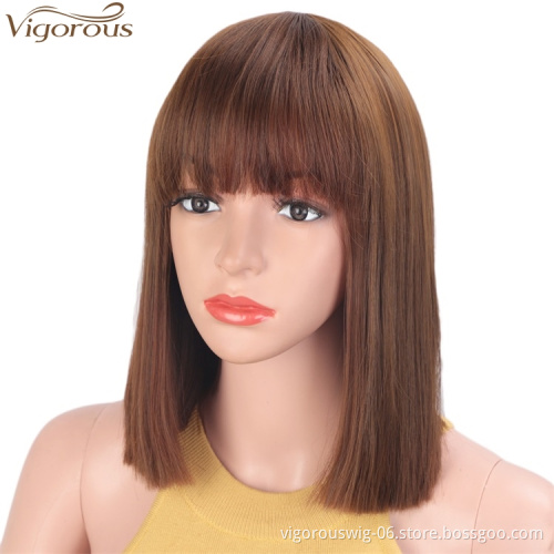 Vigorous Cosplay Blonde Synthetic Bob Wigs With Flat Neat Bangs Short Straight Wigs for Women Heat Resistant Cosplay Daily Use